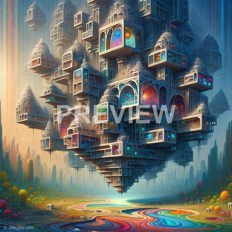 An intricate and fantastical floating cityscape composed of numerous stacked and interconnected structures, each with arched windows and vibrant, glowing interiors. The city appears to hover above a lush landscape with colorful, swirling patterns on the ground, leading to a calm, reflective body of water, all under a misty, atmospheric sky. The architecture blends elements of futuristic design with ornate, classical influences, creating a dreamlike, surreal scene.